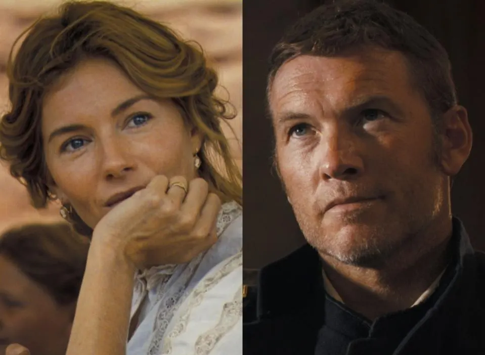 Image of actors Sienna Miller and Sam Worthington from Horizon: An American Saga - Chapter One. 