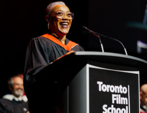 Karen Robinson, who played 'Ronnie' on Schitt's Creek, delivered the keynote address at Toronto Film School's 2024 Graduation Ceremony. 