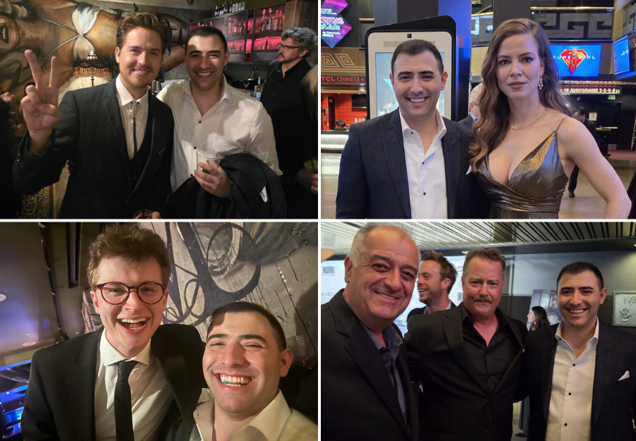 Adam Levine with Dylan Sprouse, Elena Sanchez, Corbin Pitts and Jeremy London. 