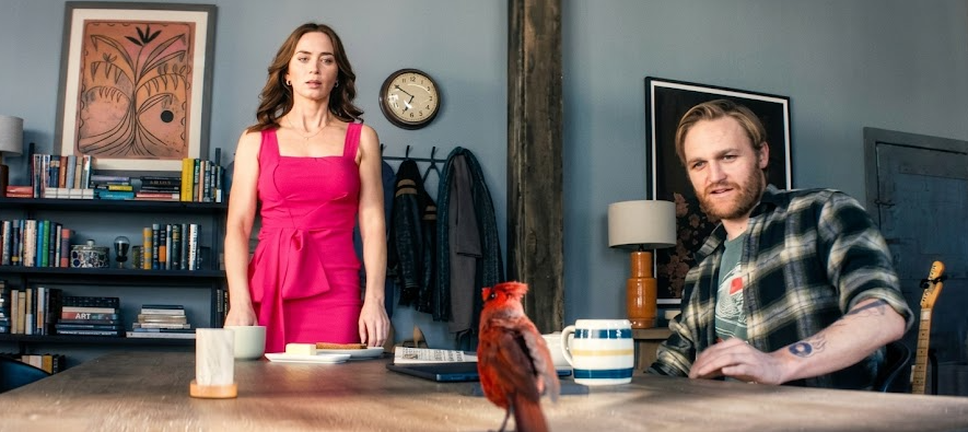 A red cardinal flies onto the breakfast table at Margaret and Jackson's loft. Image from Steven Spielberg's Disclosure Day. Movie review by Garry Murdock. 