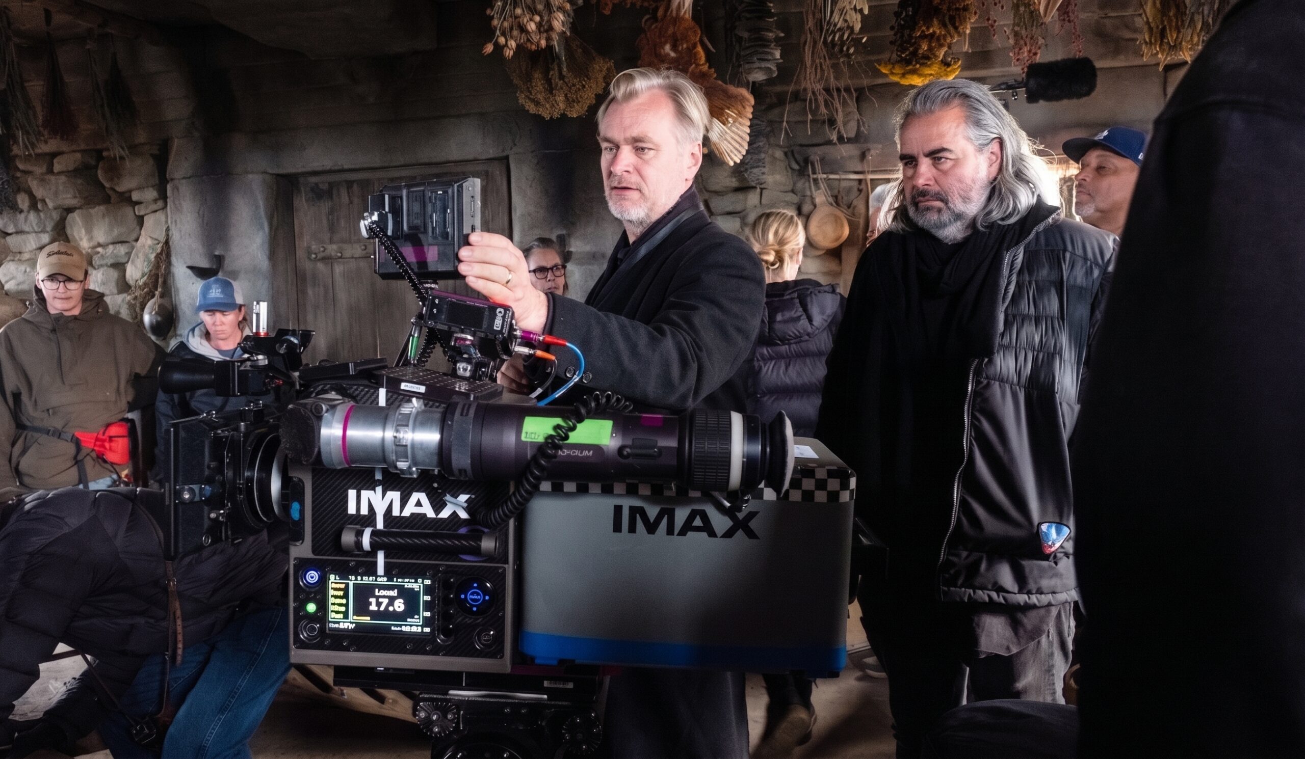 Image of Director Christopher Nolan on the set of <em>The Odyssey</em>, the first feature film shot entirely on IMAX 70mm film cameras. Images courtesy of Universal Pictures.