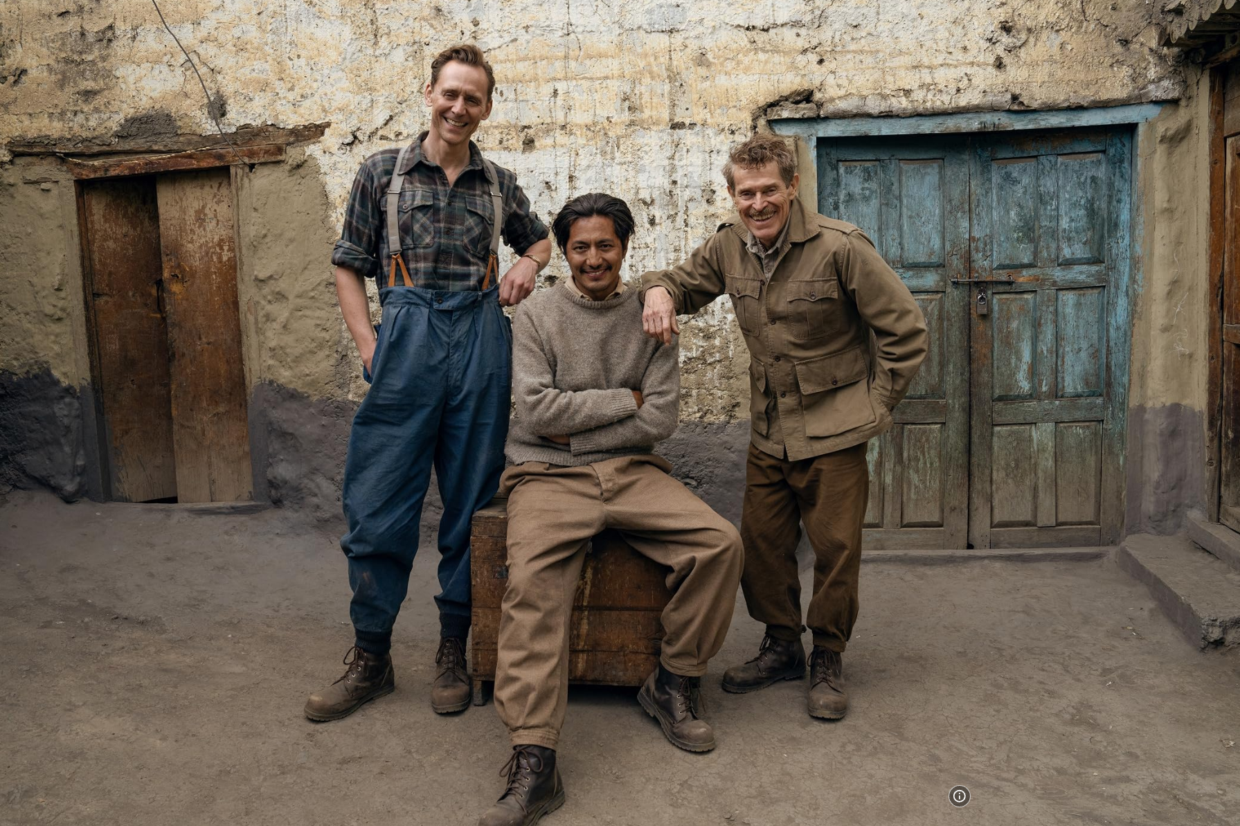 From left to right, image of Tom Hiddleston, Genden Phuntsok, and Willem Dafoe. They are the leads in the film Tenzing.
